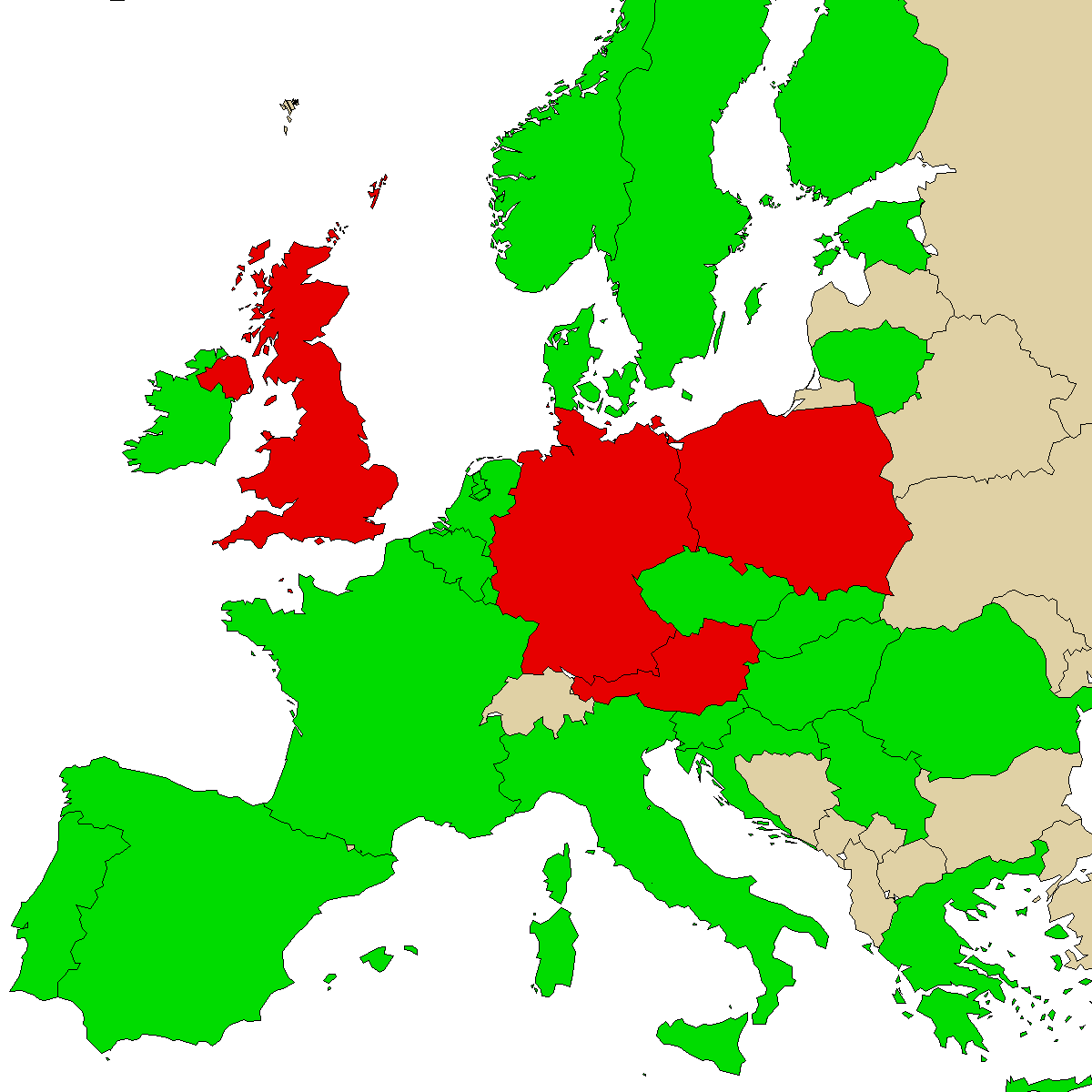 правна информативна мапа за нашиот производ Мефедрен, зелените се земји без забрана, црвена со забрана, сивата е непозната