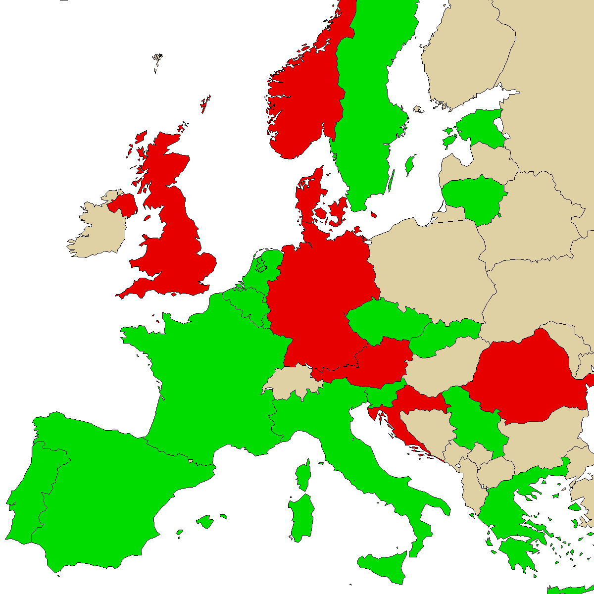 juridisk infokarta för vår produkt 3MMA, grön är länder utan förbud, röd med förbud, grå är okänd