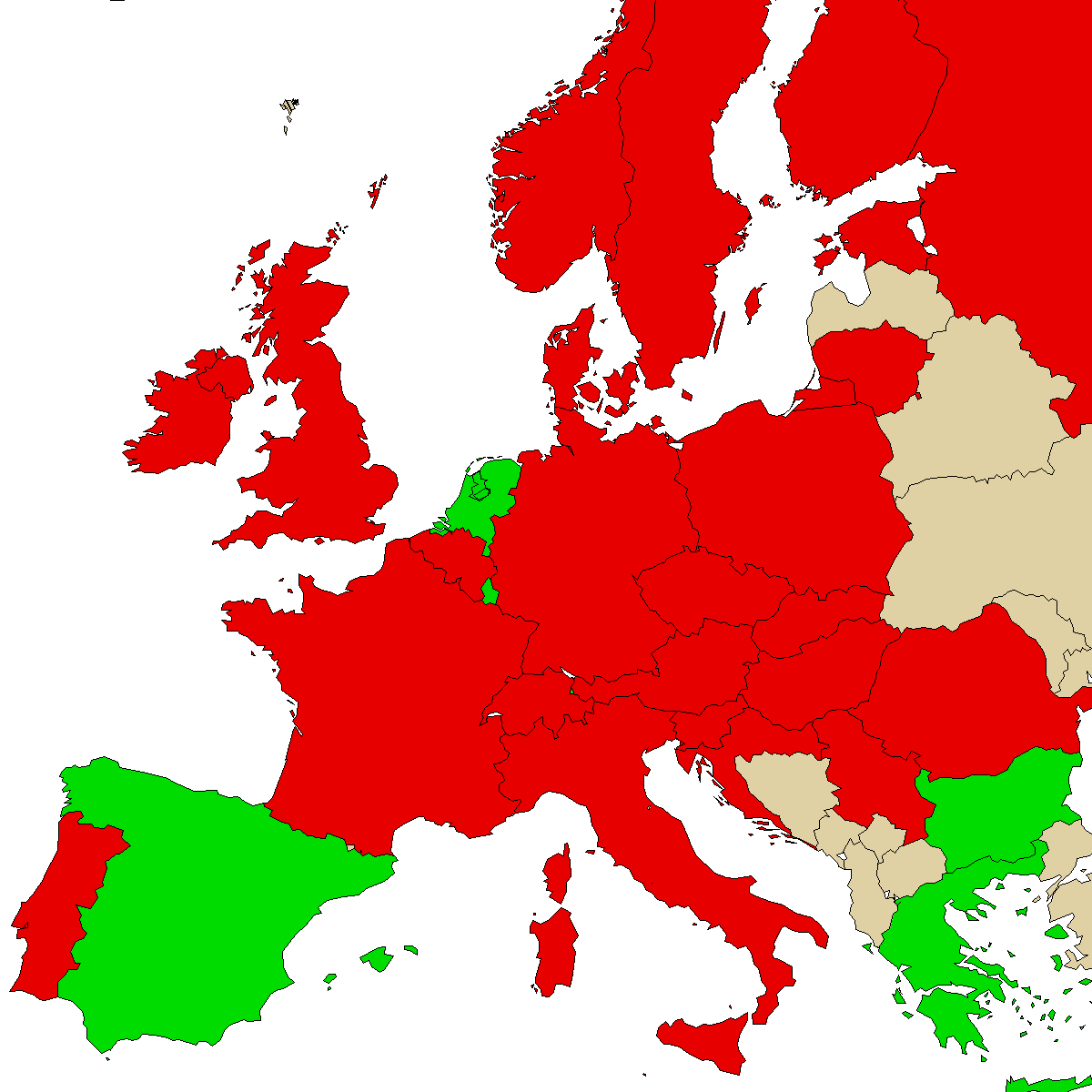 правна информативна мапа за нашиот производ 3ММЦ, зелените се земји без забрана, црвена со забрана, сивата е непозната