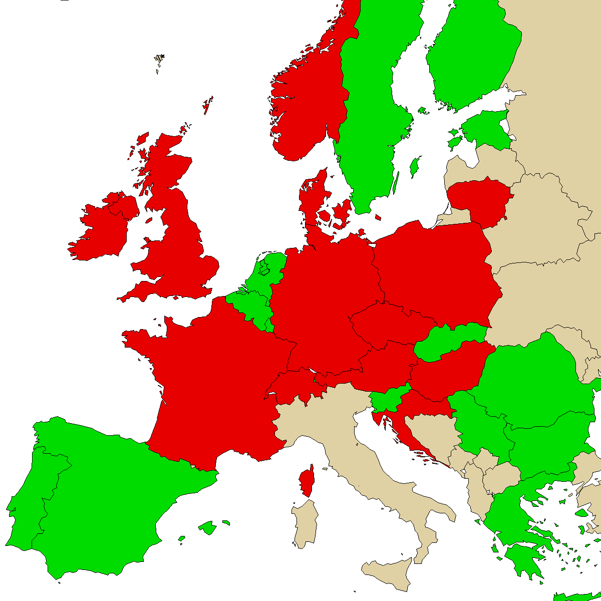 правна информативна мапа за нашиот производ a-PiHP, зелените се земји без забрана, црвена со забрана, сивата е непозната